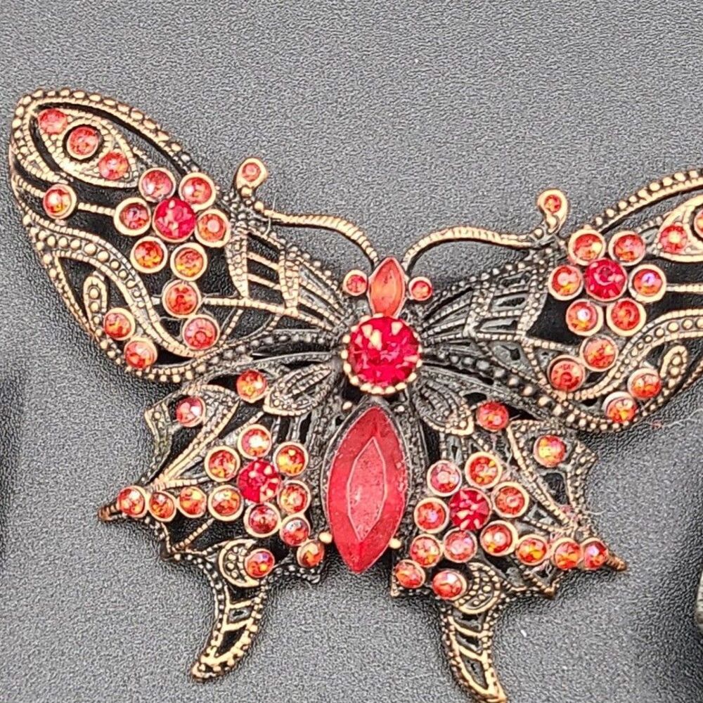 Vintage Butterfly Brooch Lapel Pin With Red Faux Stones Gold Tone 3"